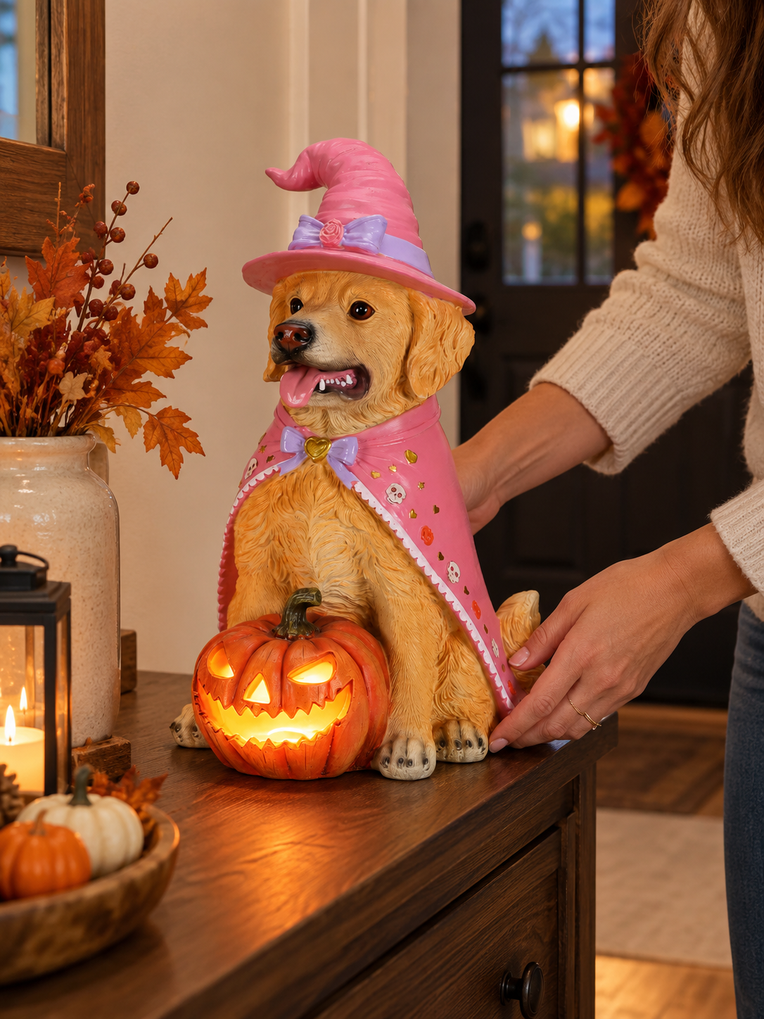 Lifestyle illustration: Halloween Golden Retriever Statue
