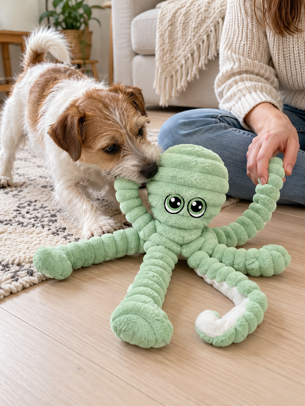 Lifestyle illustration: Octopus Squeaky Plush Dog Toy
